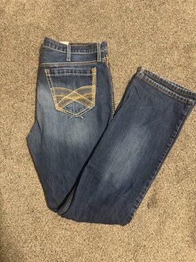 Cinch Men's Straight Leg Denim Jeans in Blue with Gold Stitching